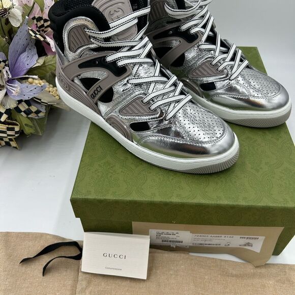 Men’s Gucci basket high top silver sneakers size 7.5 made in Italy - Picture 2 of 12